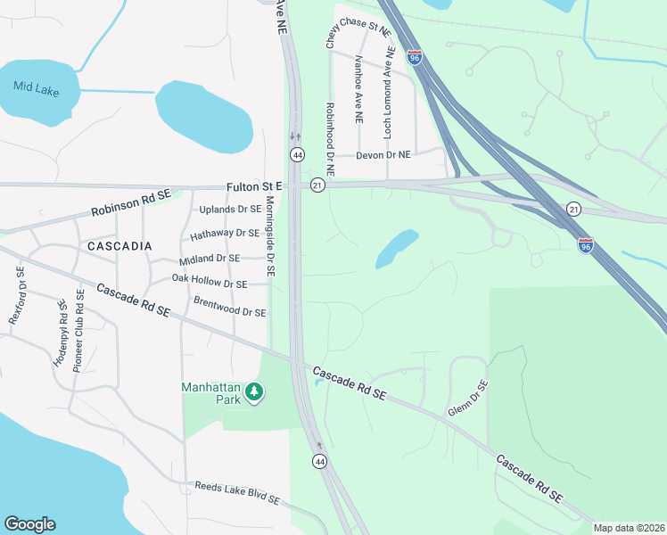 map of restaurants, bars, coffee shops, grocery stores, and more near 3301 Midland Drive Southeast in Grand Rapids