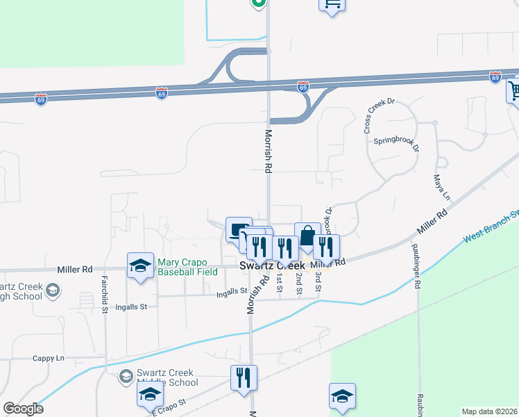 map of restaurants, bars, coffee shops, grocery stores, and more near 4426 Morrish Road in Swartz Creek