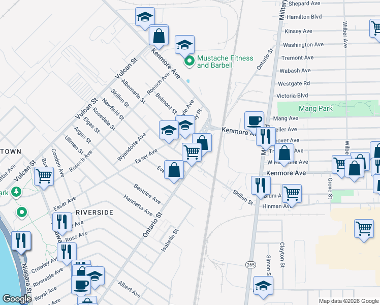 map of restaurants, bars, coffee shops, grocery stores, and more near 11 Dunston Avenue in Buffalo