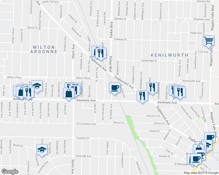 map of restaurants, bars, coffee shops, grocery stores, and more near 43 Klauder Road in Buffalo