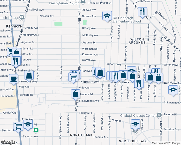 map of restaurants, bars, coffee shops, grocery stores, and more near 349 Parkwood Avenue in Buffalo
