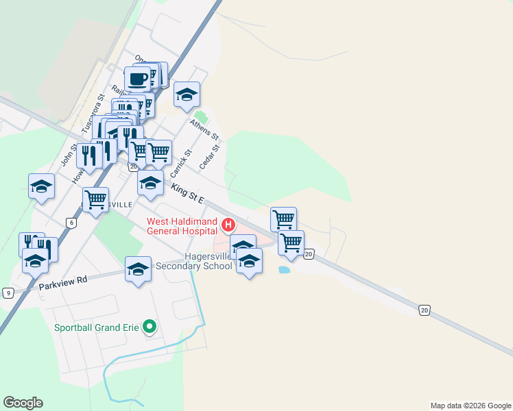 map of restaurants, bars, coffee shops, grocery stores, and more near David Street in Haldimand