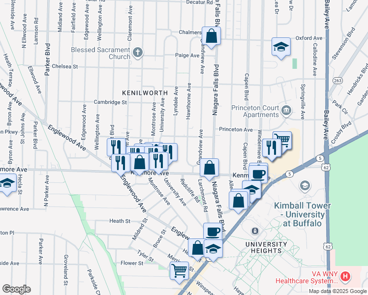 map of restaurants, bars, coffee shops, grocery stores, and more near 52 Hawthorne Avenue in Buffalo