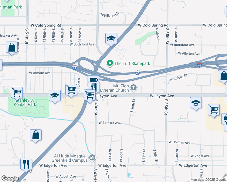 map of restaurants, bars, coffee shops, grocery stores, and more near 4040 West Layton Avenue in Greenfield