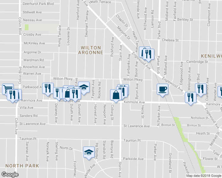 map of restaurants, bars, coffee shops, grocery stores, and more near 46 Pickford Avenue in Buffalo