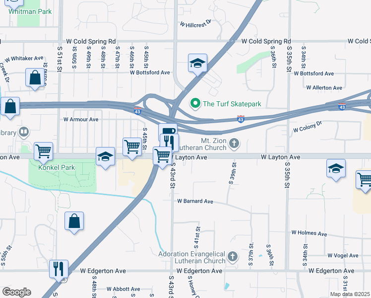 map of restaurants, bars, coffee shops, grocery stores, and more near 4200 West Layton Avenue in Greenfield