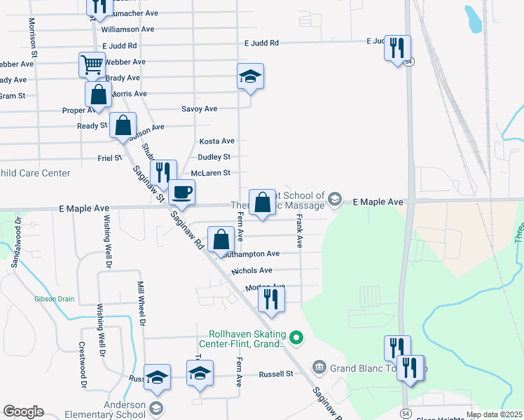 map of restaurants, bars, coffee shops, grocery stores, and more near 2336 East Maple Avenue in Flint