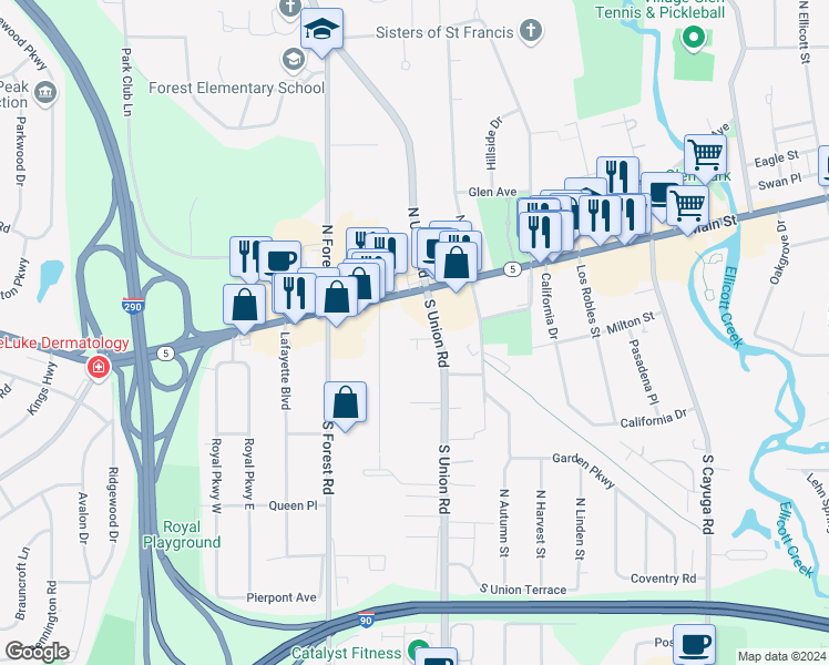 map of restaurants, bars, coffee shops, grocery stores, and more near 23 Plymouth Place in Buffalo