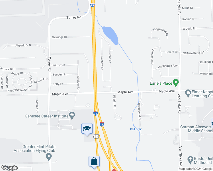 map of restaurants, bars, coffee shops, grocery stores, and more near 2290 Bass Court in Flint