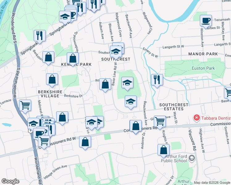 map of restaurants, bars, coffee shops, grocery stores, and more near 332 Base Line Road West in London