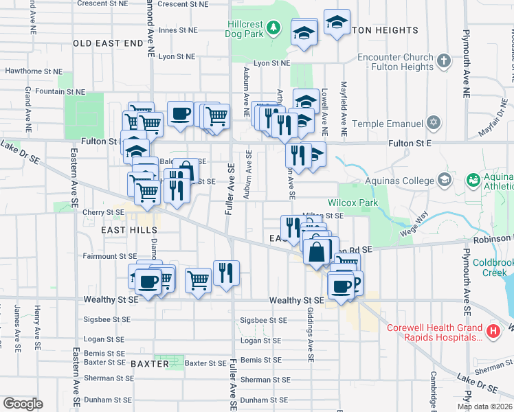 map of restaurants, bars, coffee shops, grocery stores, and more near 1242 Hope Street Southeast in Grand Rapids