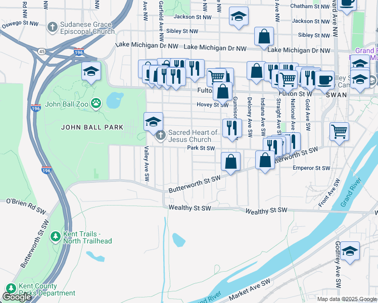 map of restaurants, bars, coffee shops, grocery stores, and more near 1100 Park Street Southwest in Grand Rapids