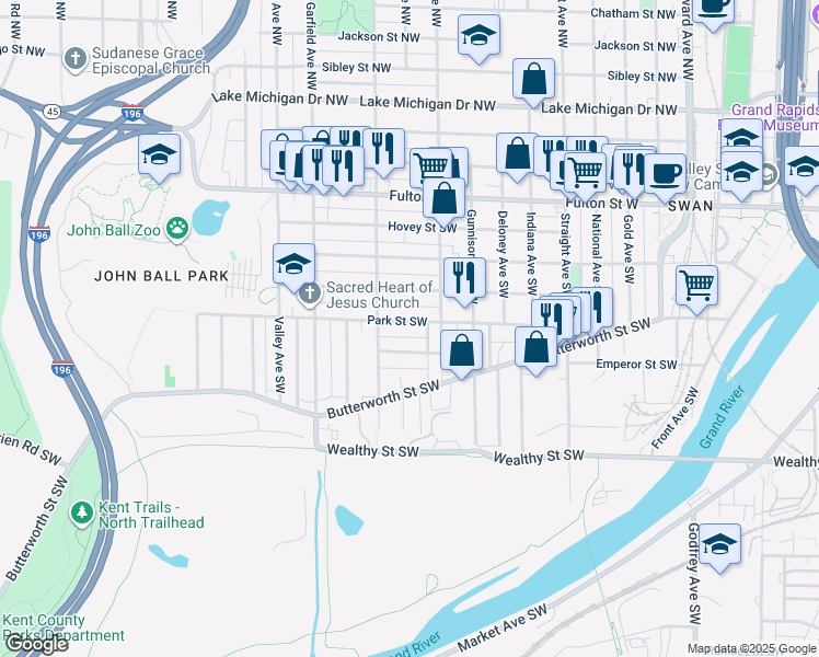 map of restaurants, bars, coffee shops, grocery stores, and more near 1028 Park Street Southwest in Grand Rapids