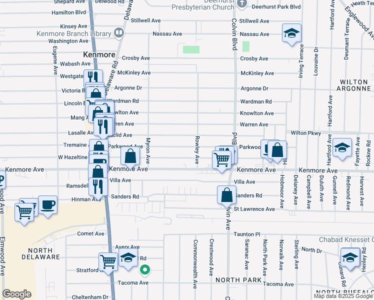 map of restaurants, bars, coffee shops, grocery stores, and more near 191 Parkwood Ave in Buffalo