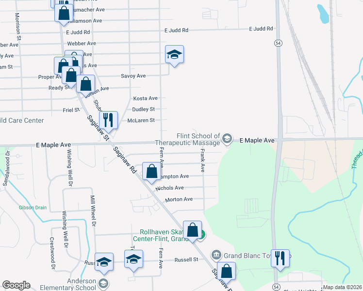 map of restaurants, bars, coffee shops, grocery stores, and more near 2336 East Maple Avenue in Flint