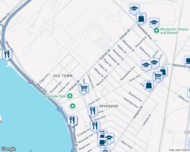 map of restaurants, bars, coffee shops, grocery stores, and more near 105 Eckhert Street in Buffalo