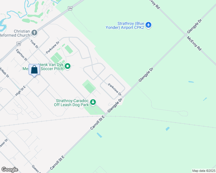 map of restaurants, bars, coffee shops, grocery stores, and more near 236 Parkview Drive in Strathroy