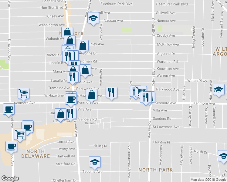 map of restaurants, bars, coffee shops, grocery stores, and more near 147 Parkwood Avenue in Buffalo