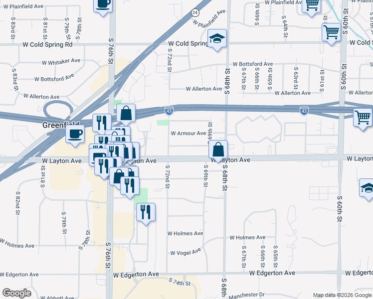 map of restaurants, bars, coffee shops, grocery stores, and more near 7029 West Chapman Avenue in Greenfield
