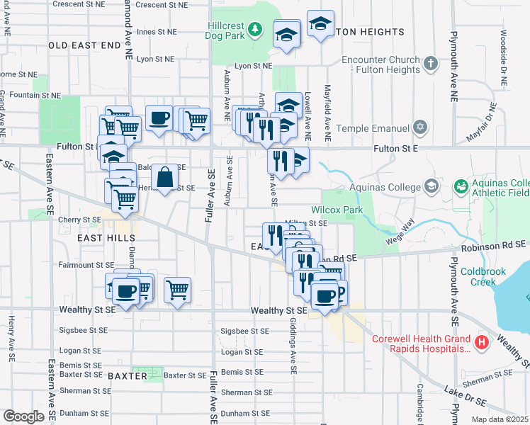 map of restaurants, bars, coffee shops, grocery stores, and more near 1322 Hope Street Southeast in Grand Rapids