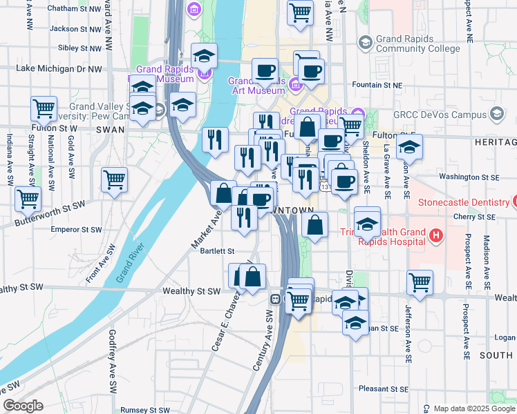 map of restaurants, bars, coffee shops, grocery stores, and more near 143 Cherry Street Southwest in Grand Rapids