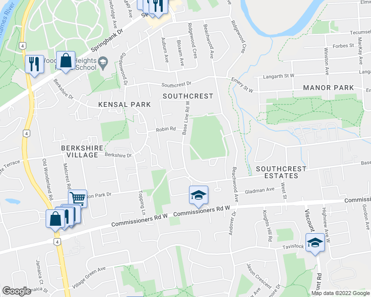 map of restaurants, bars, coffee shops, grocery stores, and more near 332 Base Line Road West in London
