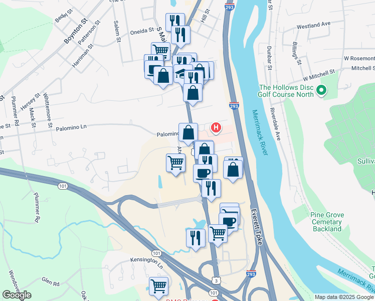map of restaurants, bars, coffee shops, grocery stores, and more near 61 South River Road in Bedford