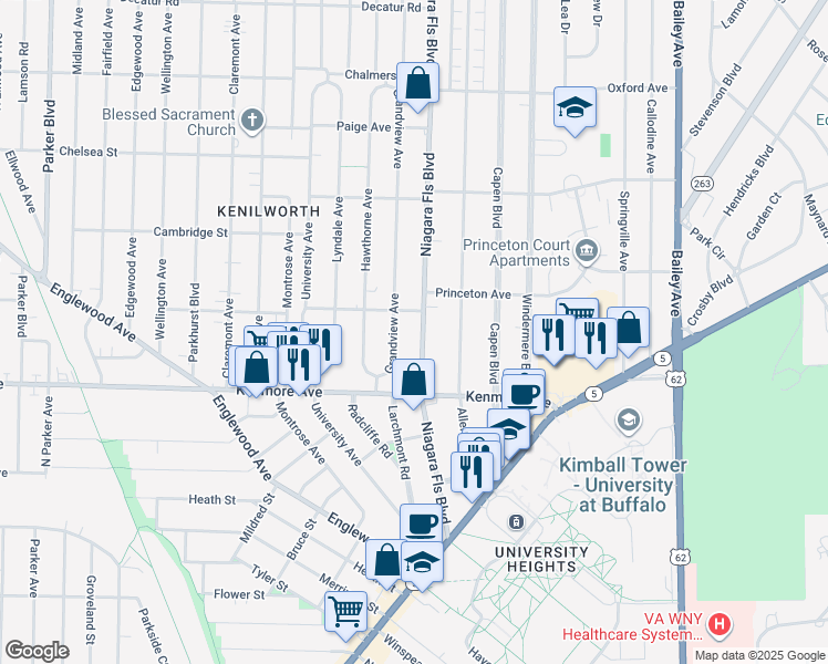 map of restaurants, bars, coffee shops, grocery stores, and more near 213 Niagara Falls Boulevard in Buffalo