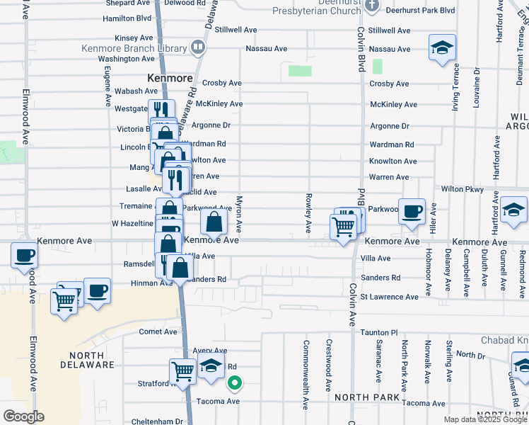 map of restaurants, bars, coffee shops, grocery stores, and more near 147 Parkwood Avenue in Buffalo