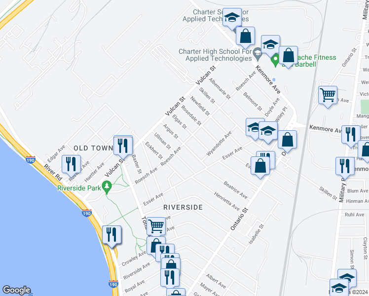 map of restaurants, bars, coffee shops, grocery stores, and more near 191 Roesch Avenue in Buffalo