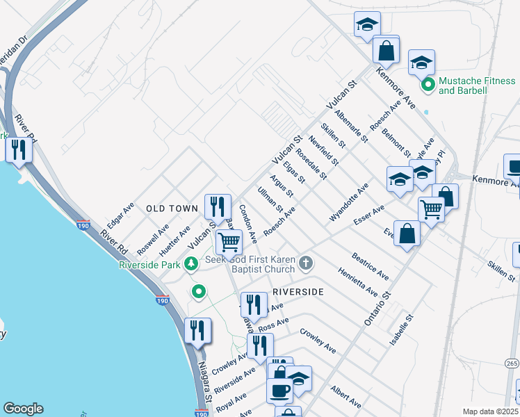 map of restaurants, bars, coffee shops, grocery stores, and more near 105 Eckhert Street in Buffalo
