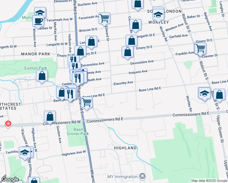 map of restaurants, bars, coffee shops, grocery stores, and more near 280 Edward Street in London