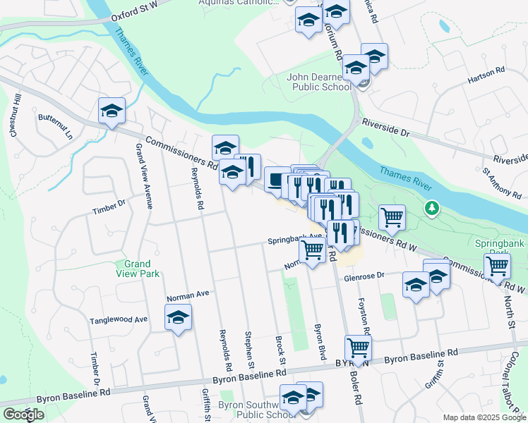 map of restaurants, bars, coffee shops, grocery stores, and more near 1328 Commissioners Road West in London