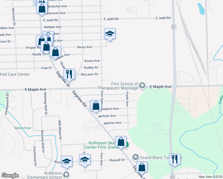 map of restaurants, bars, coffee shops, grocery stores, and more near 2336 East Maple Avenue in Flint