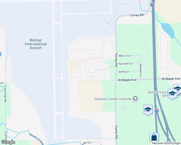 map of restaurants, bars, coffee shops, grocery stores, and more near 3103 Camelot Drive in Flint