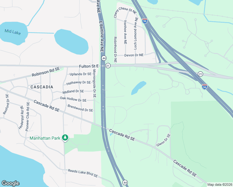 map of restaurants, bars, coffee shops, grocery stores, and more near 3301 Midland Drive Southeast in Grand Rapids