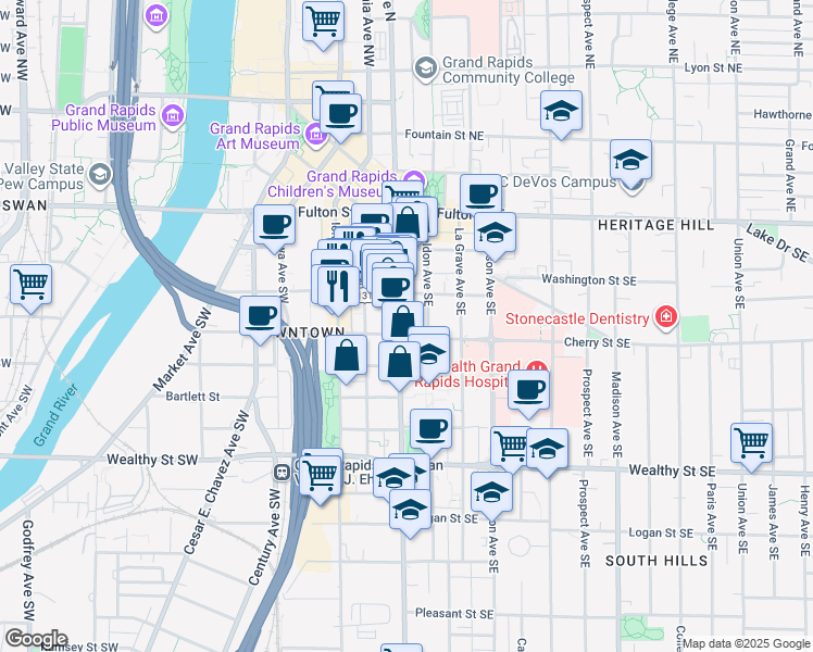 map of restaurants, bars, coffee shops, grocery stores, and more near 136 South Division Avenue in Grand Rapids