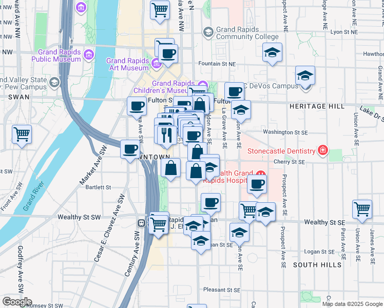 map of restaurants, bars, coffee shops, grocery stores, and more near 172 South Division Avenue in Grand Rapids