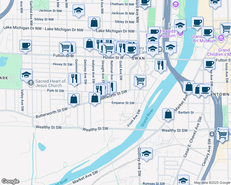 map of restaurants, bars, coffee shops, grocery stores, and more near 156 National Avenue Southwest in Grand Rapids