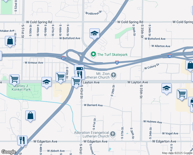 map of restaurants, bars, coffee shops, grocery stores, and more near 4040 West Layton Avenue in Greenfield