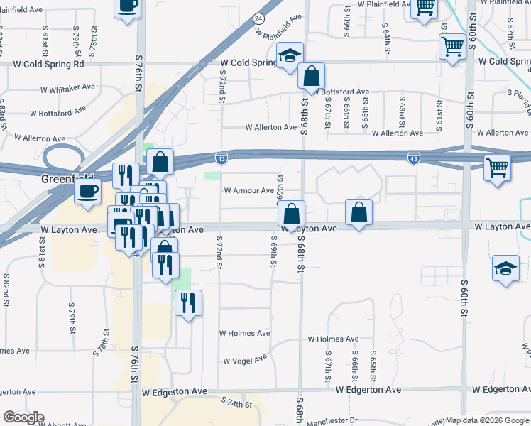 map of restaurants, bars, coffee shops, grocery stores, and more near 6931 West Chapman Avenue in Greenfield