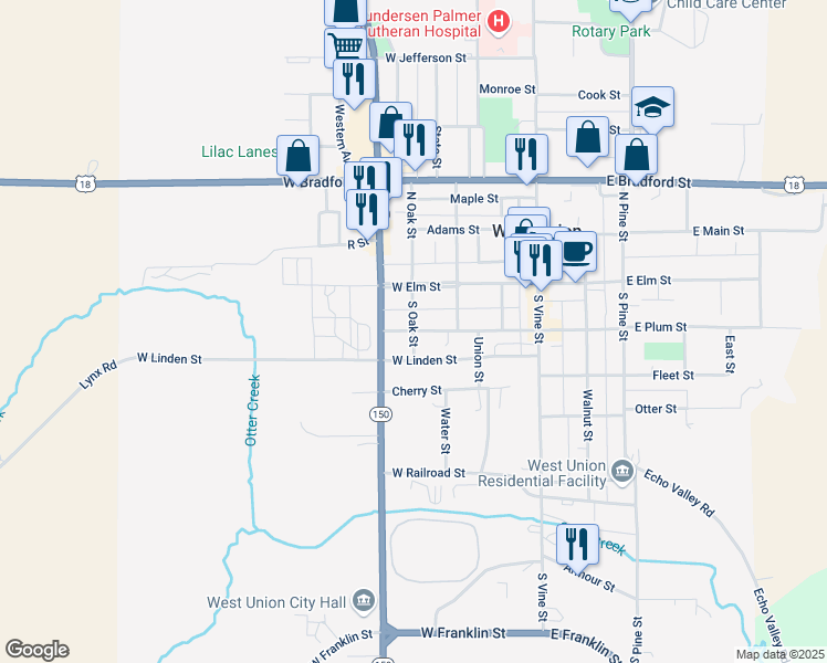 map of restaurants, bars, coffee shops, grocery stores, and more near 398 W Plum St in West Union