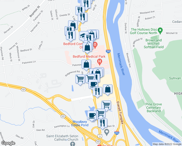 map of restaurants, bars, coffee shops, grocery stores, and more near 61 South River Road in Bedford