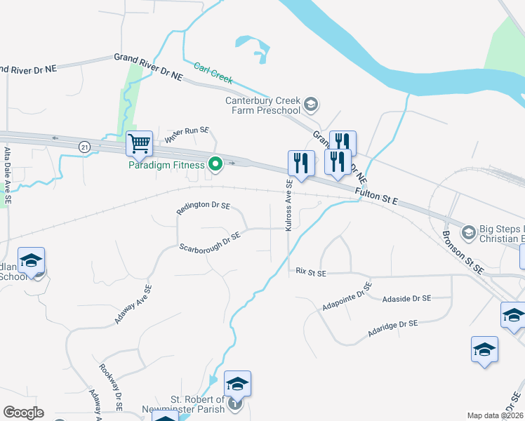 map of restaurants, bars, coffee shops, grocery stores, and more near 237 Grayfield Court Southeast in Ada
