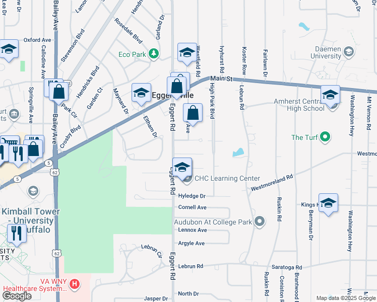 map of restaurants, bars, coffee shops, grocery stores, and more near 36 University Court in Buffalo