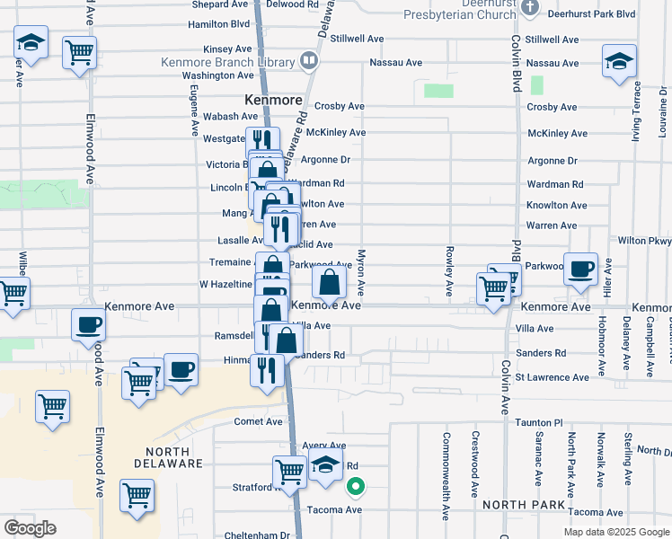 map of restaurants, bars, coffee shops, grocery stores, and more near 65 Parkwood Avenue in Kenmore