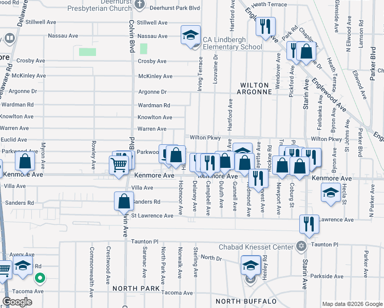 map of restaurants, bars, coffee shops, grocery stores, and more near 48 South Irving Terrace in Buffalo