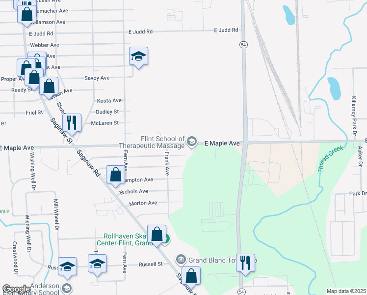 map of restaurants, bars, coffee shops, grocery stores, and more near 2414 East Maple Avenue in Flint