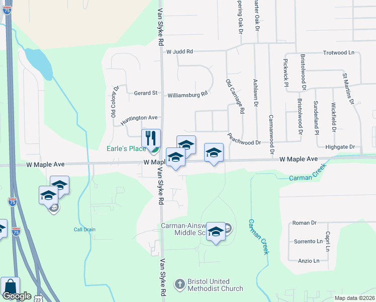 map of restaurants, bars, coffee shops, grocery stores, and more near 1472 West Maple Avenue in Flint