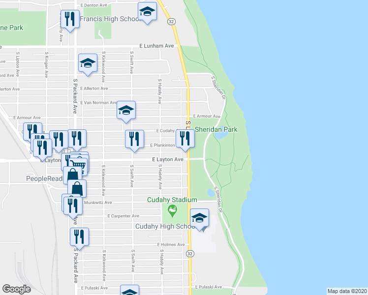 map of restaurants, bars, coffee shops, grocery stores, and more near 4647 South Lake Drive in Cudahy